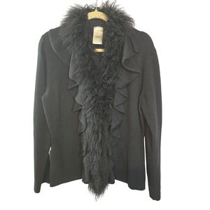 Cashmere House Sample Black Fur Trimmed Ruffle Cardigan Sweater Size L  2011